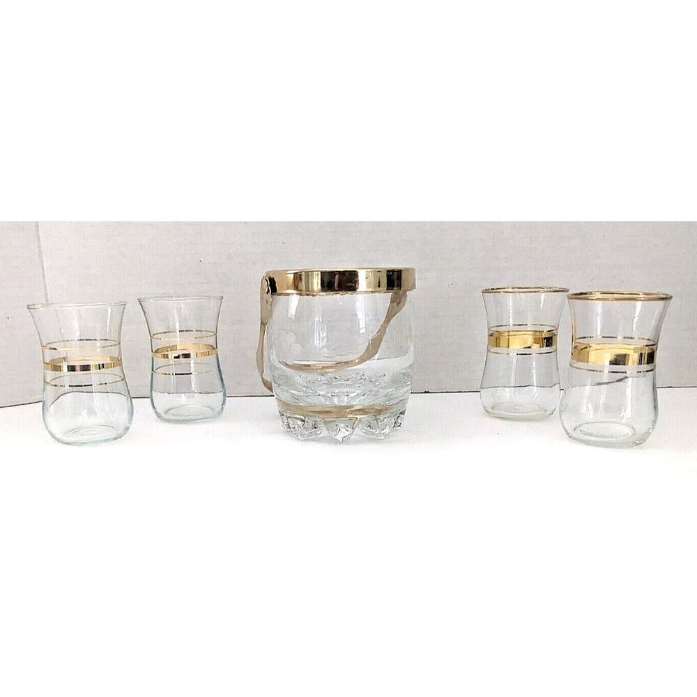 Vintage Mid Century Cut Crystal Ice Bucket w 4 Shot Glasses Gold Gilt Barware